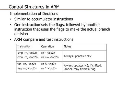 Control Structures in ARM Implementation of Decisions Similar to accumulator instructions One instruction sets the flags, followed by another instruction.