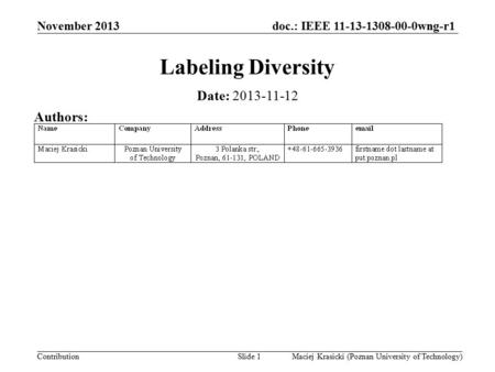 Doc.: IEEE 11-13-1308-00-0wng-r1 Contribution Labeling Diversity Date: 2013-11-12 November 2013 Maciej Krasicki (Poznan University of Technology)Slide.