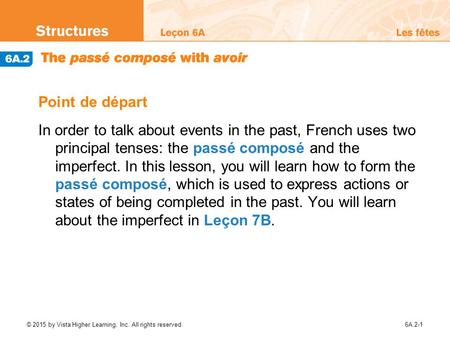 Point de départ In order to talk about events in the past, French uses two principal tenses: the passé composé and the imperfect. In this lesson, you.