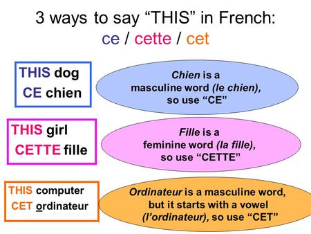3 ways to say “THIS” in French: ce / cette / cet THIS dog CE chien Chien is a masculine word (le chien), so use “CE” THIS girl CETTE fille Fille is a feminine.