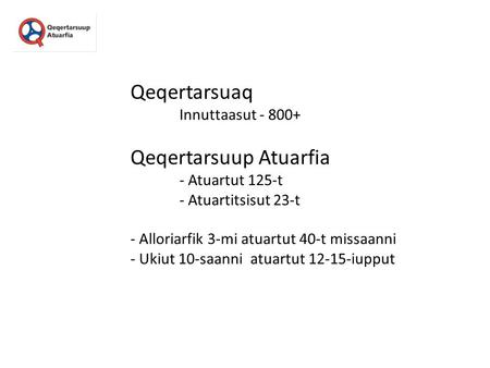 Qeqertarsuaq Innuttaasut - 800+ Qeqertarsuup Atuarfia - Atuartut 125-t - Atuartitsisut 23-t - Alloriarfik 3-mi atuartut 40-t missaanni - Ukiut 10-saanni.