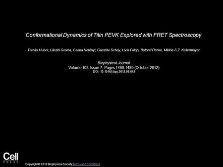 Conformational Dynamics of Titin PEVK Explored with FRET Spectroscopy Tamás Huber, László Grama, Csaba Hetényi, Gusztáv Schay, Lívia Fülöp, Botond Penke,