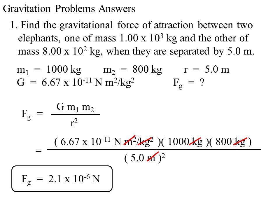 Gravitation Problems Answers 1. Find the gravitational force of attraction  between two elephants, one of mass 1.00 x 10 3 kg and the other of mass ppt  download