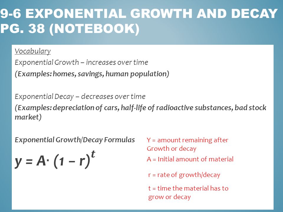 9 6 Exponential Growth And Decay Pg 38 Notebook Y Amount Remaining After Growth Or Decay A Initial Amount Of Material T Time The Material Has Ppt Download 9 6 Exponential Growth And Decay Pg 38 Notebook Y Amount Remaining After Growth Or Decay A Initial Amount Of Material T Time The Material Has Ppt Download