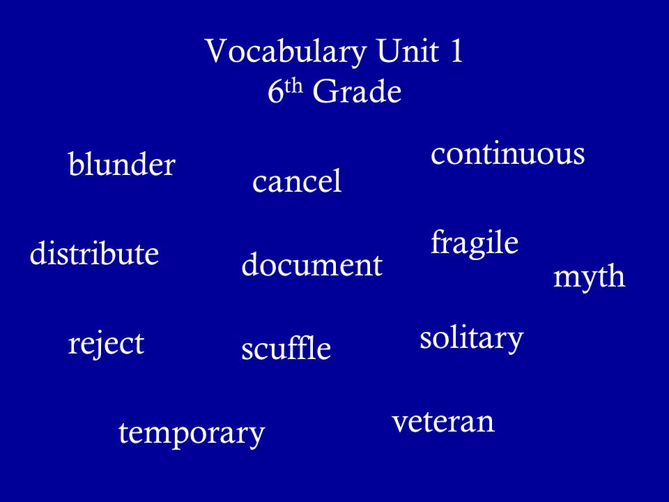 Vocabulary Unit 1 6 th Grade blunder cancel continuous distribute
