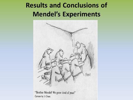 Results and Conclusions of Mendel’s Experiments. Mendel began his experiments by cross pollinating pure breeding plants His studies focused on only one.