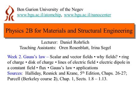 Ben Gurion University of the Negev Week 3. Electric potential. - ppt  download