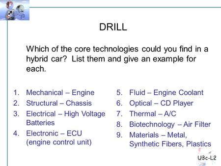 U3c-L2 Which of the core technologies could you find in a hybrid car? List them and give an example for each. DRILL 1.Mechanical – Engine 2.Structural.