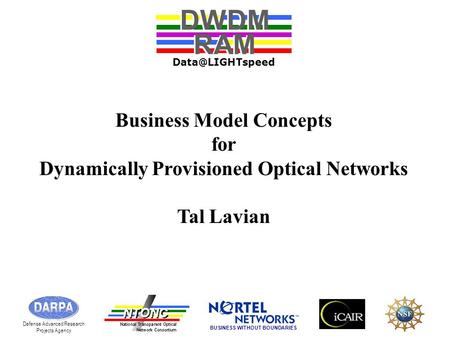 Business Model Concepts for Dynamically Provisioned Optical Networks Tal Lavian DWDM RAM DWDM RAM Defense Advanced Research Projects Agency.