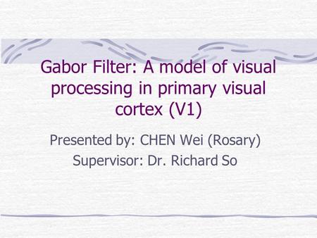 Gabor Filter: A model of visual processing in primary visual cortex (V1) Presented by: CHEN Wei (Rosary) Supervisor: Dr. Richard So.