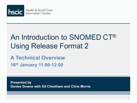 An Introduction to SNOMED CT ® Using Release Format 2 1 Presented by Denise Downs with Ed Cheetham and Chris Morris A Technical Overview 16 th January.