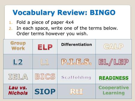 Vocabulary Review: BINGO 1. Fold a piece of paper 4x4 2. In each space, write one of the terms below. Order terms however you wish. Differentiation SIOP.