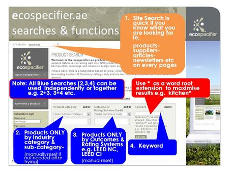 Ecospecifier.ae searches & functions Ecospecifier © 2008 2.Products ONLY by Industry category & sub-category- (manually reset if not needed after trying)