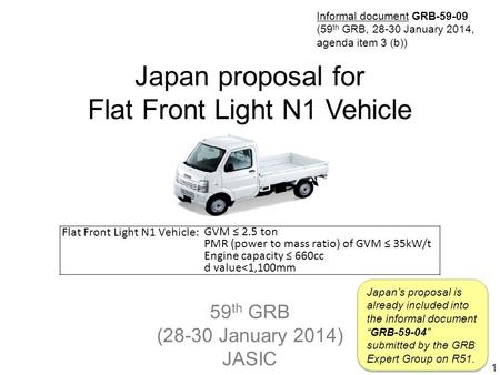 59 th GRB (28-30 January 2014) JASIC Japan proposal for Flat Front Light N1 Vehicle 1 Flat Front Light N1 Vehicle: GVM ≤ 2.5 ton PMR (power to mass ratio)
