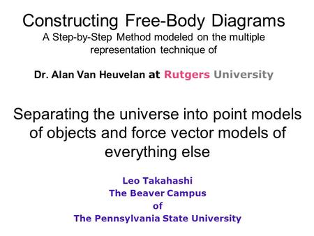 Constructing Free-Body Diagrams A Step-by-Step Method modeled on the multiple representation technique of Dr. Alan Van Heuvelan at Rutgers University Separating.