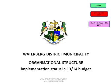 WATERBERG DISTRICT MUNICIPALITY ORGANISATIONAL STRUCTURE implementation status in 13/14 budget WDM ORGANOGRAM REVIEWED 29 MARCH 2012 (A047/2012) Vacant.