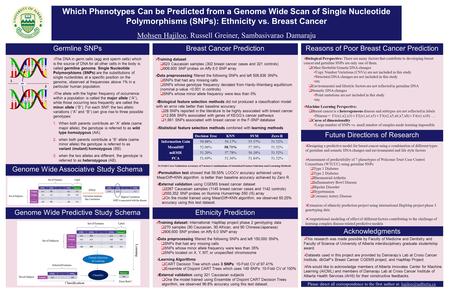 Which Phenotypes Can be Predicted from a Genome Wide Scan of Single Nucleotide Polymorphisms (SNPs): Ethnicity vs. Breast Cancer Mohsen Hajiloo, Russell.