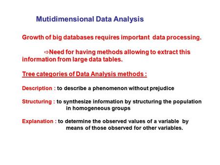 Mutidimensional Data Analysis Growth of big databases requires important data processing.  Need for having methods allowing to extract this information.