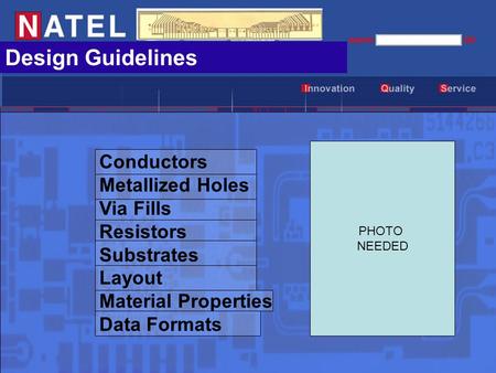 Design Guidelines Conductors Metallized Holes Via Fills Resistors Substrates Layout Material Properties Data Formats PHOTO NEEDED.