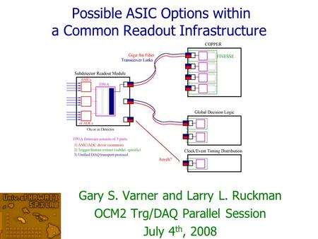 Possible ASIC Options within a Common Readout Infrastructure Gary S. Varner and Larry L. Ruckman OCM2 Trg/DAQ Parallel Session July 4 th, 2008.