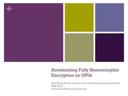 + Accelerating Fully Homomorphic Encryption on GPUs Wei Wang, Yin Hu, Lianmu Chen, Xinming Huang, Berk Sunar ECE Dept., Worcester Polytechnic Institute.