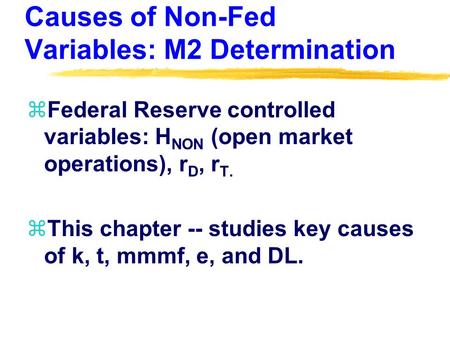 Causes of Non-Fed Variables: M2 Determination zFederal Reserve controlled variables: H NON (open market operations), r D, r T. zThis chapter -- studies.