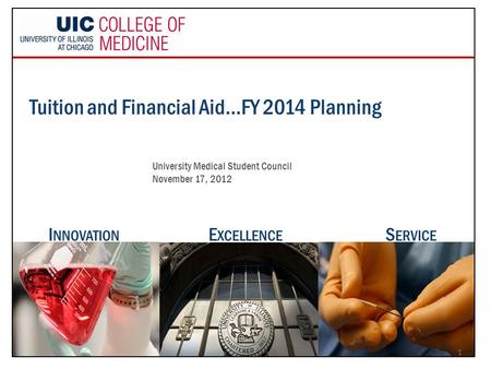 Tuition and Financial Aid…FY 2014 Planning University Medical Student Council November 17, 2012 E XCELLENCE I NNOVATION S ERVICE 1.