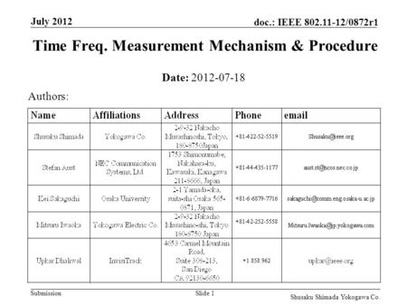 Submission doc.: IEEE 802.11-12/0872r1 July 2012 Shusaku Shimada Yokogawa Co. Slide 1 Time Freq. Measurement Mechanism & Procedure Date: 2012-07-18 Authors: