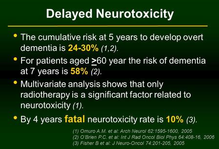 Delayed Neurotoxicity The cumulative risk at 5 years to develop overt dementia is 24-30% (1,2). For patients aged >60 year the risk of dementia at 7 years.