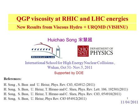 New Results from Viscous Hydro + URQMD (VISHNU) International School for High Energy Nuclear Collisions, Wuhan, Oct 31- Nov.5, 2011 References: Supported.