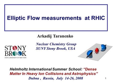 R. Lacey, SUNY Stony Brook 1 Arkadij Taranenko Helmholtz International Summer School: “Dense Matter In Heavy Ion Collisions and Astrophysics” Dubna, Russia,