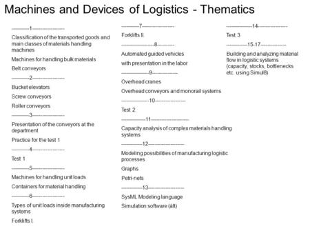 Machines and Devices of Logistics - Thematics