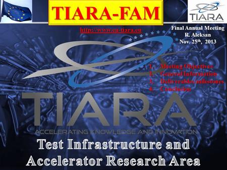 TIARA-FAM  Final Annual Meeting R. Aleksan Nov. 25 th, 2013 1.Meeting Objectives 2.General Information 3.Deliverables/milestones.