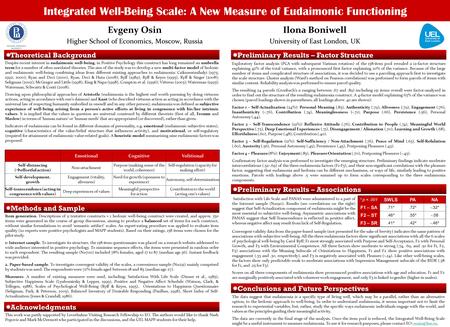 Integrated Well-Being Scale: A New Measure of Eudaimonic Functioning Evgeny Osin Higher School of Economics, Moscow, Russia Ilona Boniwell University of.
