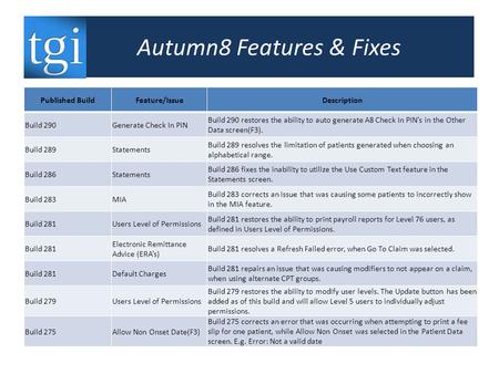 Autumn8 Features & Fixes Published BuildFeature/IssueDescription Build 290Generate Check In PIN Build 290 restores the ability to auto generate A8 Check.