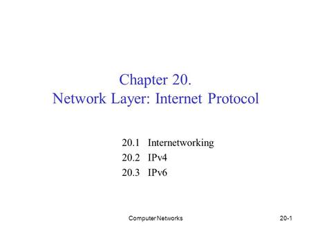 Computer Networks20-1 Chapter 20. Network Layer: Internet Protocol 20.1 Internetworking 20.2 IPv4 20.3 IPv6.