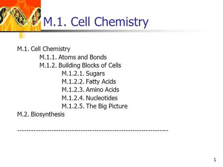 1 M.1. Cell Chemistry M.1.1. Atoms and Bonds M.1.2. Building Blocks of Cells M.1.2.1. Sugars M.1.2.2. Fatty Acids M.1.2.3. Amino Acids M.1.2.4. Nucleotides.