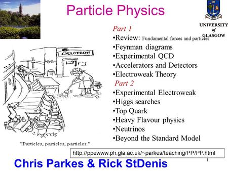 1 Particle Physics Chris Parkes & Rick StDenis Part 1 Review: Fundamental forces and particles Feynman diagrams Experimental QCD Accelerators and Detectors.