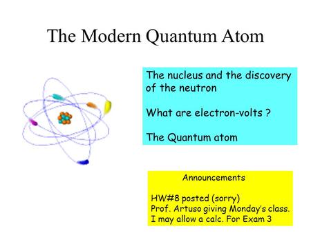 The Modern Quantum Atom The nucleus and the discovery of the neutron What are electron-volts ? The Quantum atom Announcements HW#8 posted (sorry) Prof.