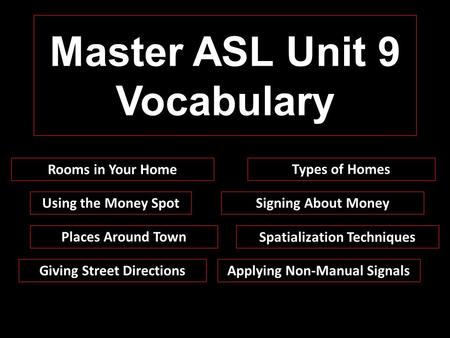 Master ASL Unit 9 Vocabulary Places Around Town Signing About MoneyUsing the Money Spot Spatialization Techniques Giving Street DirectionsApplying Non-Manual.