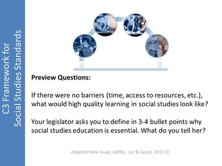 C3 Framework for Social Studies Standards Adapted from Swan, Griffin, Lee & Grant, 2013 © Preview Questions: If there were no barriers (time, access to.