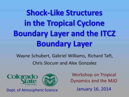 Wayne Schubert, Gabriel Williams, Richard Taft, Chris Slocum and Alex Gonzalez Dept. of Atmospheric Science Workshop on Tropical Dynamics and the MJO January.