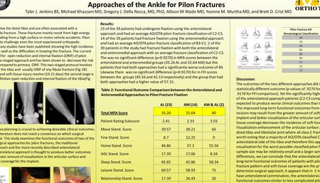 Functional Outcomes of Patients Undergoing Anterolateral versus Anteromedial Approaches of the Ankle for Pilon Fractures Tyler J. Jenkins BS, Michael Khazzam.