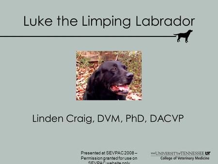Luke the Limping Labrador Linden Craig, DVM, PhD, DACVP Presented at SEVPAC 2008 – Permission granted for use on SEVPAC website only.