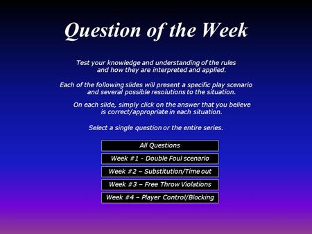 Test your knowledge and understanding of the rules and how they are interpreted and applied. Each of the following slides will present a specific play.