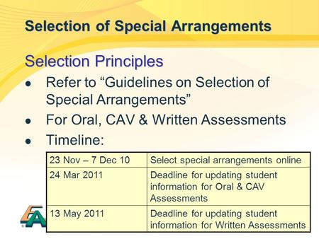1 Selection of Special Arrangements Selection Principles Refer to “Guidelines on Selection of Special Arrangements” For Oral, CAV & Written Assessments.