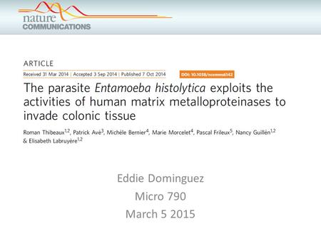 Eddie Dominguez Micro 790 March 5 2015. Today’s adventure entails… Overview of Entamoeba histolytica Colon epithelial tissue Extracellular Matrix Matrix.