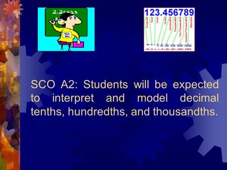 SCO A2: Students will be expected to interpret and model decimal tenths, hundredths, and thousandths.