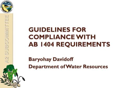 A2 SUBCOMMITTEE GUIDELINES FOR COMPLIANCE WITH AB 1404 REQUIREMENTS Baryohay Davidoff Department of Water Resources.
