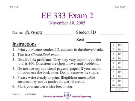 Fall 2005 1 EE 333 Lillevik480f05-a2 University of Portland School of Engineering EE 333 Exam 2 November 10, 2005 Instructions 1.Print your name, student.